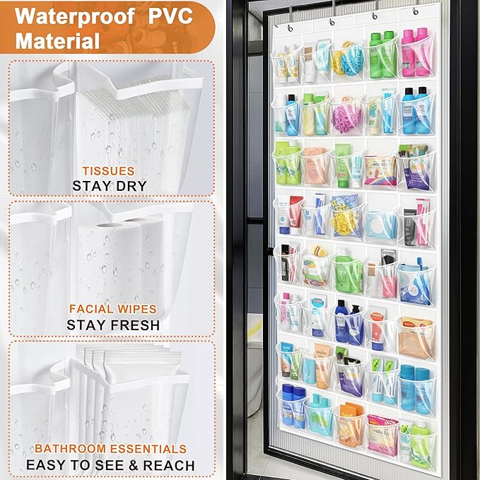 Over the Door Shoe Organizer with 40 Clear PVC Pockets – Waterproof Hanging Shoe Holder for Closet & Bathroom – Space-Saving Door Shoe Rack for Shoes, Toys, Toiletries & Snacks (White)
