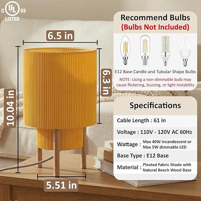 Buruis 2-Tier Table Lamp with Pleated Fabric Shade, Natural Rubber Wood Stand, UL Listed, 10'' Elegant Retro Mid-Century Bedside Lamp for Bedroom, Living Room, Bookshelf, Bulb Not Included, Yellow