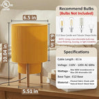 Buruis 2-Tier Table Lamp with Pleated Fabric Shade, Natural Rubber Wood Stand, UL Listed, 10'' Elegant Retro Mid-Century Bedside Lamp for Bedroom, Living Room, Bookshelf, Bulb Not Included, Yellow