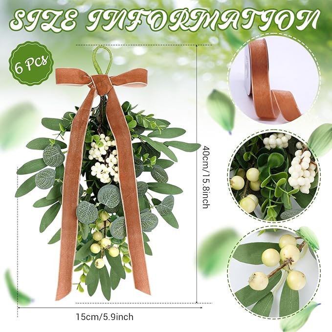 6 Pcs Spring Summer Green Eucalyptus Teardrop Swags 12" Artificial Eucalyptus Chandelier Swag Decor with Brown Velvet Bows Farmhouse Teardrop Wreaths for Indoor Outdoor Farmhouse Home Decor