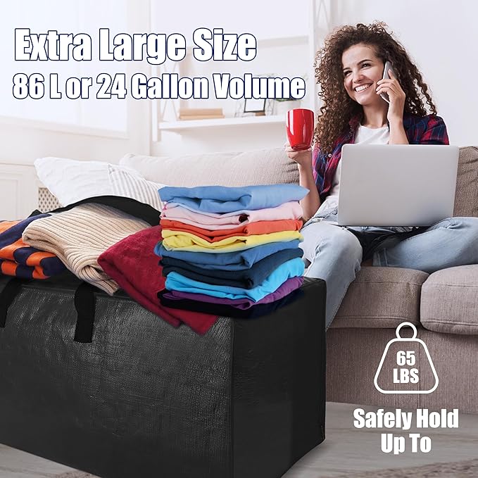 SWEET DOLPHIN 6 Pack Extra Large Moving Bags with Strong Zippers & Carrying Handles, Heavy Duty Storage Tote for Space Saving Moving Storage, Fold Flat, Alternative to Moving Box, Black