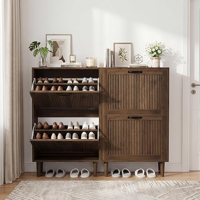 Smuxee Walnut Shoe Cabinet with 2 Flip Drawers, 23.6" Hidden Shoe Storage Cabinet with Small Fluted Doors, Freestanding Shoe Organizer Cabinet for Entryway, Hallway, Living Room