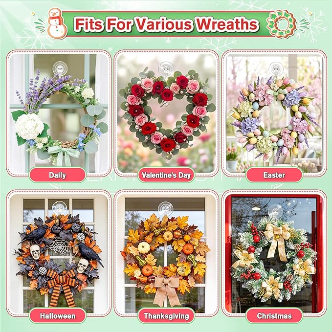 VIS'V Wreath Hanger, Large Suction Cup Wreath Hooks, Heavy Duty, 22 LB Capacity, Removable and Reusable, Clear, 8 Pcs