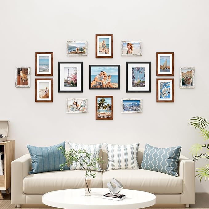 Vittanly 15 Pack Picture Frames Collage Wall Decor for Mounting or Tabletop Display, Gallery Frame Set Including 3pcs 8x10, 6pcs 5x7, 6pcs 4x6, Black, Walnut Brown and Distressed White