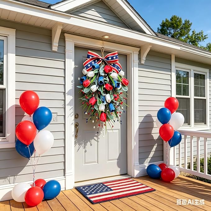 2 Pack 21'' Patriotic Swag Wreaths for Cabinets Artificial 4th of July Teardrop Wreath with Red White Blue Tulips Floral and Berries for Independence Day Memorial Day Front Door Porch Window Wall
