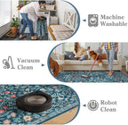 Moynesa Floral Washable Rug, Boho 5x7 Area Rugs for Living Room, Non Slip Large Dining Room Rug Under Table, Botanical Ultra Thin Floor Carpet for Bedroom Home Office, Teal