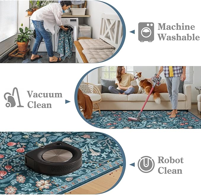 Moynesa Floral Kitchen Runner Rug 2x6, Washable Boho Runners for Hallways Non Slip Soft Bathroom Carpet Runner, Botanical Ultra Thin Throw Mat for Laundry Room Entryway, Teal