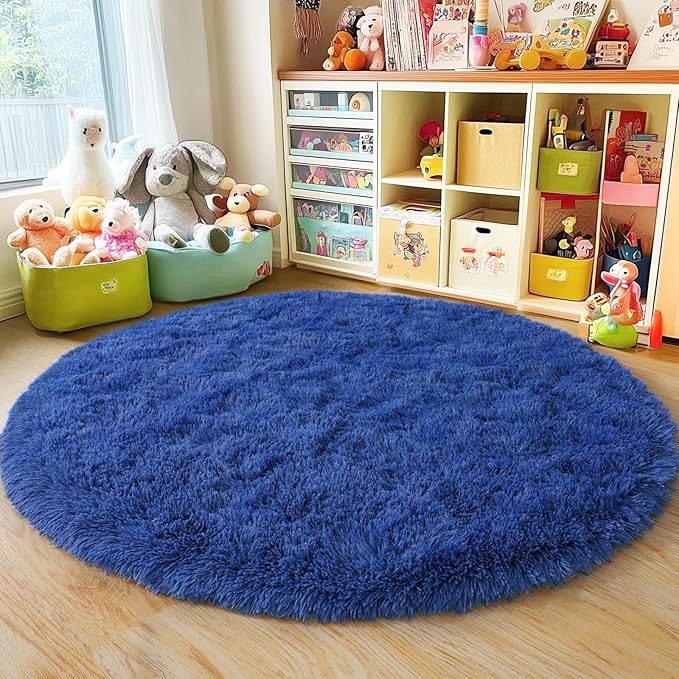 6‘x6’ Blue Round Rug for Bedroom, Ultra Soft Fluffy Circle Rug for Kids Girls Boys Room, Cute Shag Rugs for Living Room Playroom Teen Room Home Decor Rug