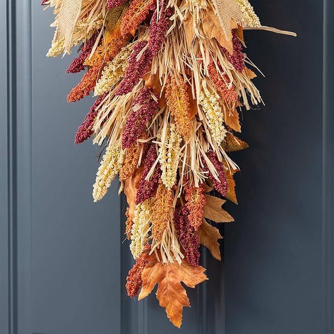 Glitzhome 28'' Artificial Fall Teardrop Swag, Autumn Harvest Multi-Colored Sorghum Door Swag, Hanging Flower Wreath for Thanksgiving Fall Front Door Window Wall Decor