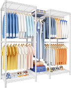 Ulif E12 Clothes Rack，Heavy Duty Freestanding Garment Rack with Shelves，Metal Clothing Closet Storage System for Hanging Clothes，57.1" W x 16" D x 76.5" H, Hold 860 lbs，White