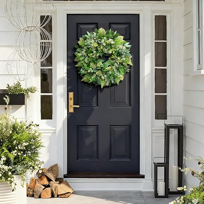 24 Inch Green Wreath for Front Door - Artificial Greenery Wreath with Berries, Indoor Outdoor All Season Year Eucalyptus Wreath for Farmhouse Home Decor, Spring Summer Fall Winter