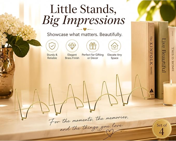 BANBERRY DESIGNS Brass Wire Easel Display Stand Plate Holders, 3 Inch Smooth Metal Footed Display Stands for Small Plates, Photos, Books, Cards & Picture Frames, Decorative Tabletop Holder, Set of 4