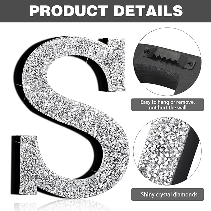 Qunclay 8'' Silver Crystal Diamond Bling Letters Crushed Diamond Decoration Wooden Glitter Letter with Screw and Hooks Rhinestone Gift for Wedding Y2k Mcbling Bedroom Wall Decor (Letter S)