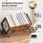 YATINEY Vinyl Record Holder, Record Storage Rack Holds 80-100 LP，Wooden and Metal Record Organizer, Quick Assembly Magazine Holder for CDs, Magazine, Albums, Rustic Brown and Black CJ06BR