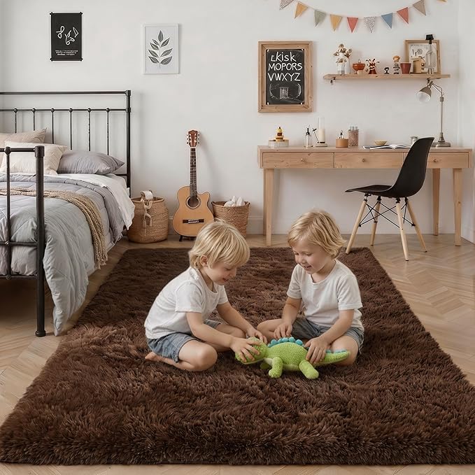 6x9 Area Rugs for Living Room Bedroom: Ultra Soft Fluffy Shag Rug Upgrade Non-Slip Non-Shedding Large Fuzzy Plush Carpet Indoor Floor Carpets for Kids Room Playroom Nursery Dorms Home Decor Brown