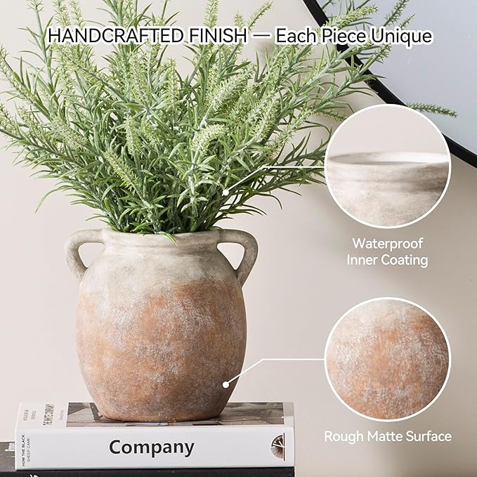Ceramic Flower Small Vase 6 inch Farmhouse Rustic Vase Decorative Pottery Terracotta Vases for Home Decor Table Mantle Fireplace Living Room Bathroom Wedding Centerpiece