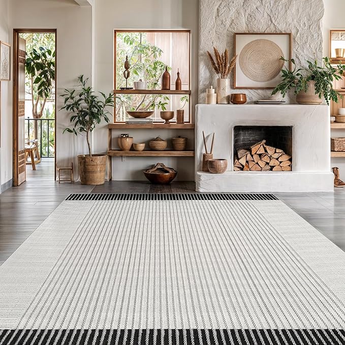 Modern Micro Loop Indoor Area Rugs for Living Room Bedroom Kitchen Geometric Striped Black-White 6x9 Luxury Durable Low and High Pile Non-Shedding Stain Resistant Soft Area Carpet 6 x 9