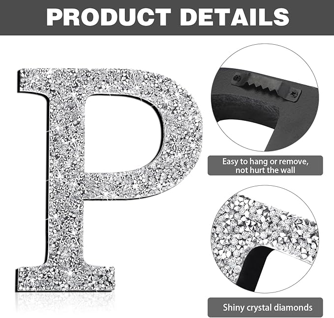 Qunclay 5.7" Silver Crystal Diamond Bling Letters Crushed Diamond Decoration Wooden Glitter Letter with Screw and Hooks Rhinestone Gift for Wedding Y2k Mcbling Bedroom Wall Decor (Letter P)