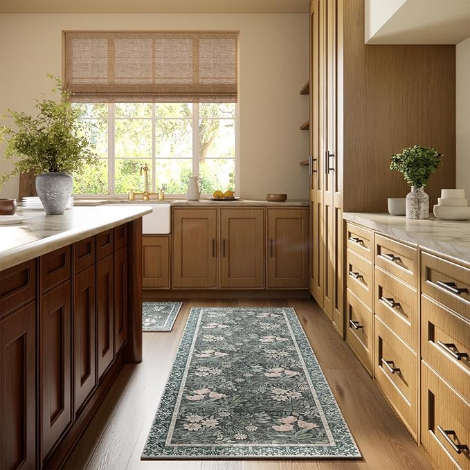 Non Slip Vintage Floral with Ornate Border Hallway Runner Rug - Long Runner Rugs 2x6 Washable Kitchen Floor Mat, Laundry Room Rug, Bathroom Runner