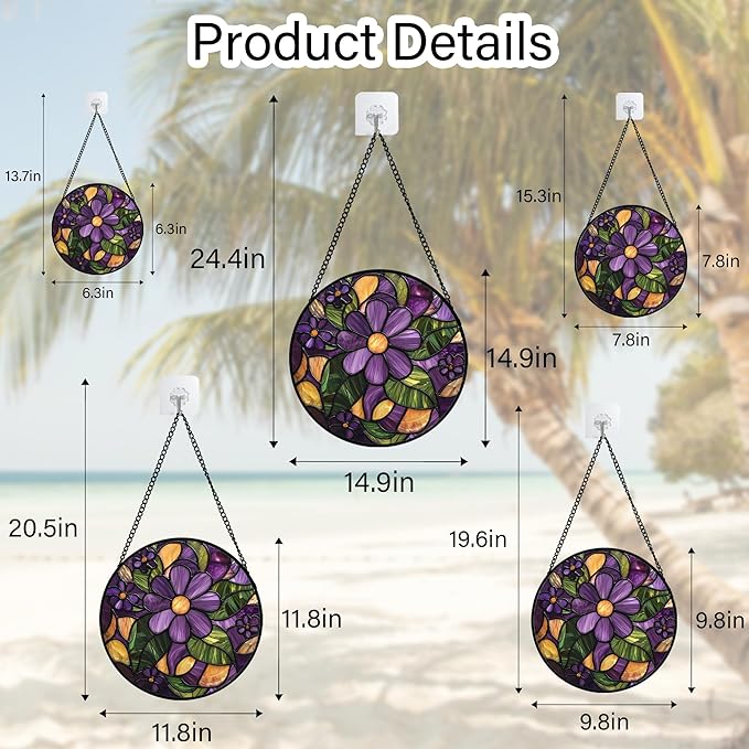 Stained Glass Window Hanging, Purple Green Flowers Sun Catcher for Door Home Decor Plants Suncatcher Christmas Mother's Day Birthday Gifts for Women Men Mom and Nana 15 in