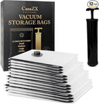 Vacuum Storage Bags – 12 Pack with Hand Pump | Space Saver Compression Bags for Clothes & Bedding | Extra Thick, Airtight Double-Zip, Triple-Valve | Reusable Storage (Jumbo/Large/Medium)