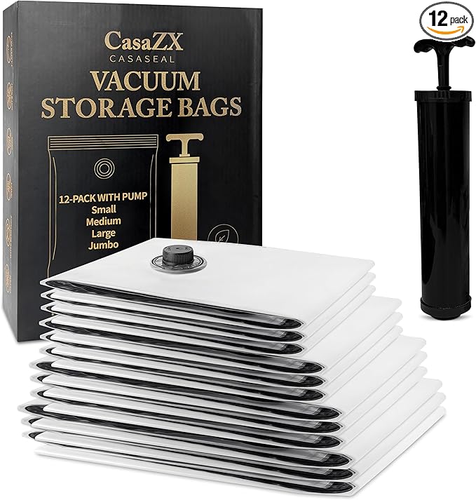Vacuum Storage Bags – 12 Pack with Hand Pump | Space Saver Compression Bags for Clothes & Bedding | Extra Thick, Airtight Double-Zip, Triple-Valve | Reusable Storage (Jumbo/Large/Medium)