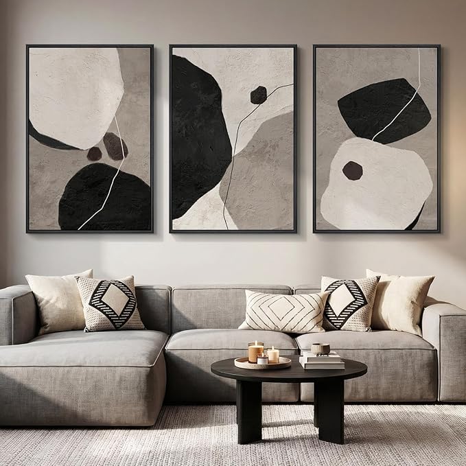 Large Framed Black and White Abstract Wall Art for Living Room, 3 Piece Modern Canvas Prints Paintings Artwork for Walls, Neutral Minimalist Pictures Wall Decor for Bedroom Dining Room Office 24x36 In