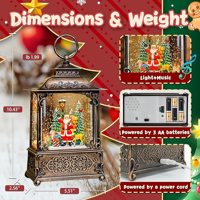 Santa Snow Globe, Reindeer and Christmas Tree Theme, Light up Christmas Snow Globes with Music 6-Hour Timer, Battery-Powered or USB-Powered Gifts for Women Men and Kids, Indoor Christmas Decorations