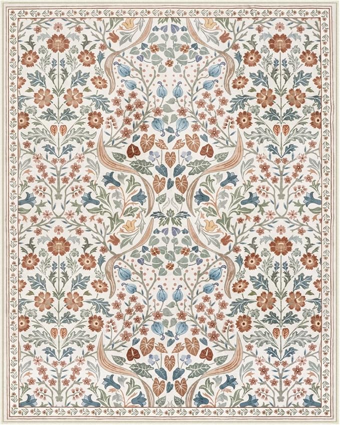 Moynesa Floral Washable Rugs, 8x10 Area Rug for Living Room, Soft Large Boho Bedroom Rugs, Flower Non Slip Ultra Thin Botanical Carpet for Dining Room Nursery Office, Beige