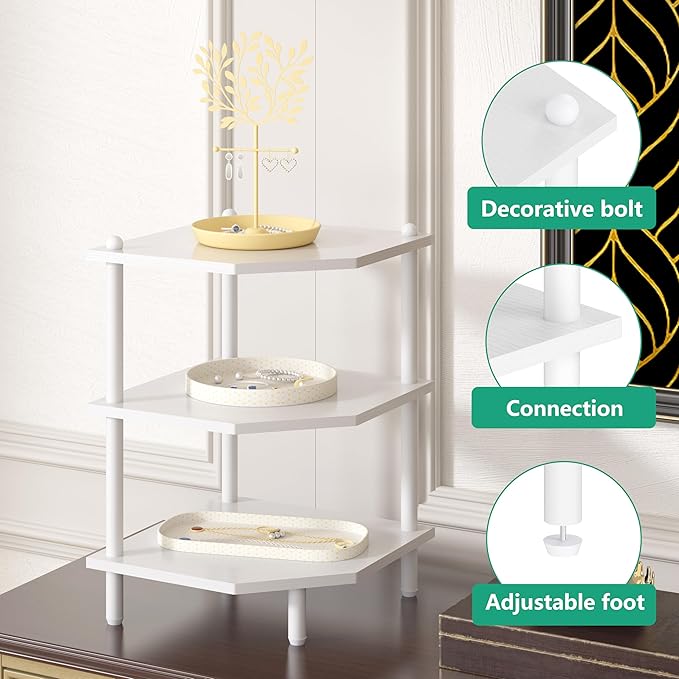 Desktop Corner Stand Shelf for Storage, 3 Tier Corner Shelf Organizer, White Shelves Rack for Small Spaces, Home Office, Kitchen, Bathroom