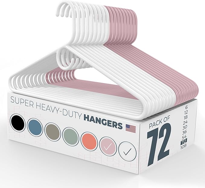 Neaties Super Heavy Duty Clothes Hangers 50+ Pack (72 Count) – Made in the USA - 10lb Capacity, Thick Plastic Hangers for Pants, Coats, Jackets, Jeans and Adult Clothing – White & Pink