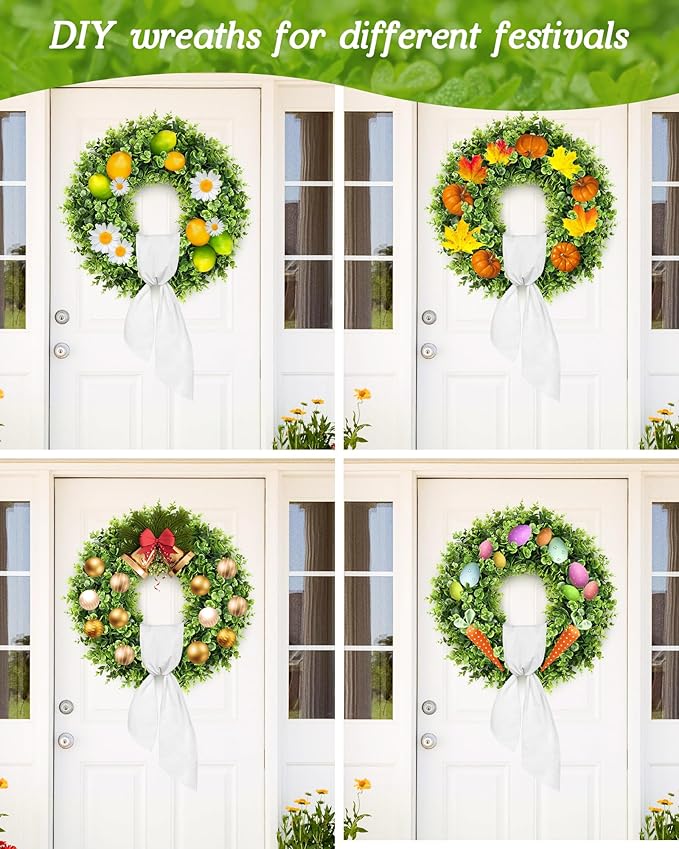Vlorart 25" Faux Round Boxwood Wreath, Artificial Boxwood Wreath Front Door Wreaths Artificial Spring Summer Greenery Hanging with sash for Front Door Wall Hanging Window Wedding Decor