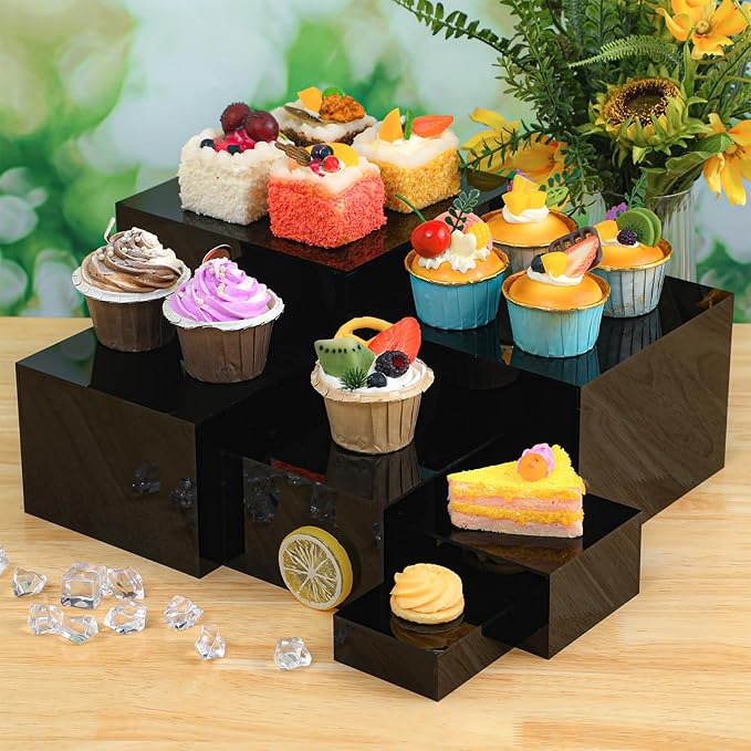 Geelin 6 Pack Acrylic Risers for Display Acrylic Cube Boxes Risers Display Stands with Hollow Bottoms Decorative Stand for Jewelry Candy Table Decor 6 Sizes(Black,3 to 8 Inch,Square)