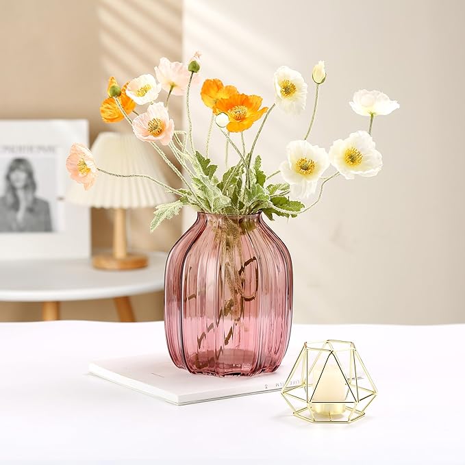 Large Pink Glass Vase for Flowers Ribbed Tall Pink Red Floor Vase 8.0" Decorative Vases for Home Table Centerpieces Flowers Decor and Farmhouse