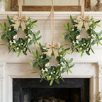 4 Pcs Green Eucalyptus Wreaths for Kitchen Cabinet Artificial Spring Summer Eucalyptus Wreath with White Berries Mini Green Wreaths with Ribbon for Front Door Porch Wall Window Farmhouse Decoration