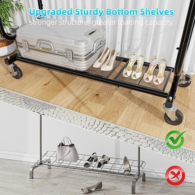 Heavy Duty Clothes Rack, Rolling Clothing Rack With Shelves Load 450 LBS, Double Rod Clothing Racks with Wheels for Hanging Clothes, Black