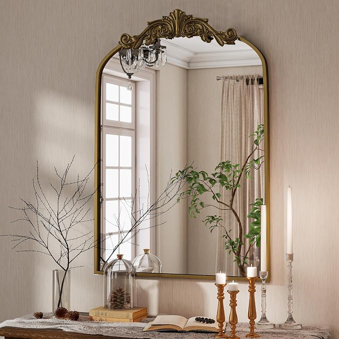 VooBang Vintage Arched Bathroom Mirror, 26x38 Inch Retro Wall Mounted Vanity Mirror with Carved Pattern Top and Metal Frame, Antique Decorative Mirror for Hanging or Leaning