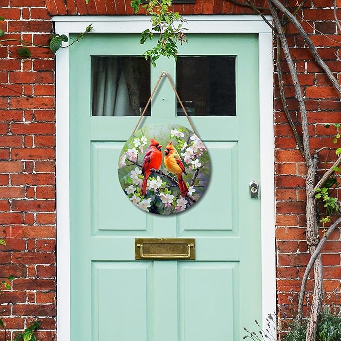 Harooni Spring Summer Birds Welcome Door Sign for Front Door Decor,Spring Pink Floral Round Wood Hanger Wreath for Outside Farmhouse Wooden Wreath for Porch Wall Hanging Sign Plaque Decoration 12"x12"