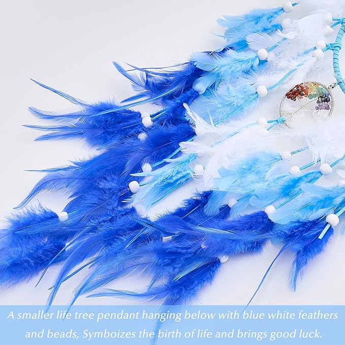 Dreamlike Butterfly Tree of Life Dream Catcher Wall Decor Blue Dream Catcher with Crystal Stone Handmade Feather Dreamcatchers Home Decor Wall Hanging for Girls Bedroom Wedding Craft Gift-29.5"