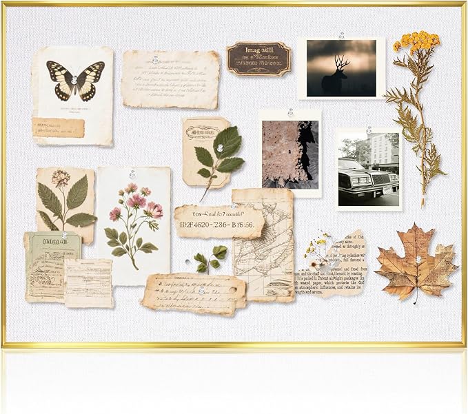 Linen Bulletin Board 36" x 24", White Fabric Pin Board with Gold Aluminum Frame, Decorative Vision Board for Home Office, Bedroom & Dorm Wall Decor, Includes 10 Push Pins