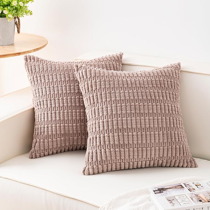 Aegero Pack of 2 Corduroy Decorative Throw Pillow Covers 20x20 Inch Soft Striped Pillow Covers Modern Farmhouse Home Decor for Sofa Living Room Couch Bed（Light Brown）