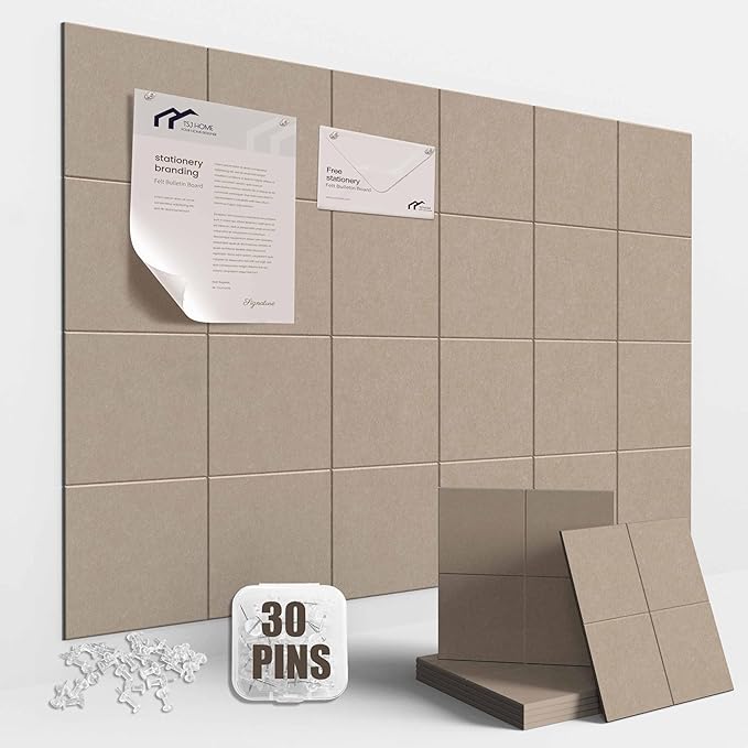 Large Felt Cork Board Alternative - 36" x 24" Bulletin Board with 30 Pushpins, 6 Pack Adhesive Cork Board, Sound Absorbing Fabric Wall Tiles, for Office Home Music Class, Dark Camel