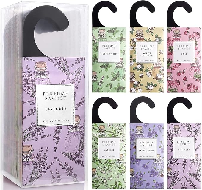 ROSE COTTAGE Large 12 Packs Hanging Closet Deodorizer Air Freshener Scented Sachets Long Lasting Smell Goods 6 Scents Option - Lavender, Linen, Cotton, Mint, Jasmine, Rose