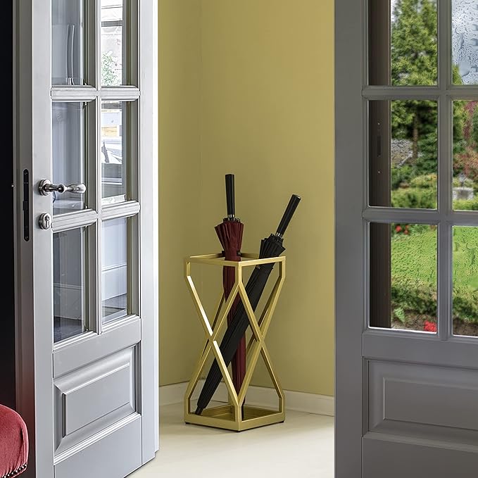 Vintiquewise Decorative Gold Square X Design Umbrella Holder Stand for Indoor and Outdoor