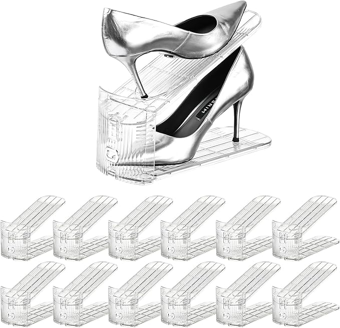 Shoe Slots Organizer，12Pack Clear Shoe Stackers for a Pair of Shoes,Adjustable Shoe Rack with Three Levels，Shoe Storage Shoe Space Saver