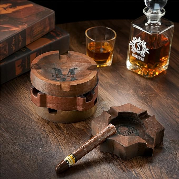 Personalized Name Walnut Cigar Ash Tray for Men Custom Wooden Cigar Ashtray Monogramed Men Ashtray Gifts for Father's Day Husband Fathers Groomsmen Papa Grandpa (Retro Tray)