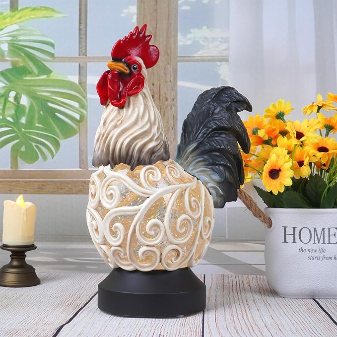 Spring Rooster Snow Globe Decor with 6H Timer, Swirling Glitter Rooster Snowglobe Decorations, USB/Battery Operated, Rooster Glitter Globe for Spring Holiday Home Decor and Gift