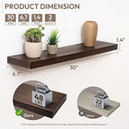 Marsmiles 30 inch Floating Shelves for Wall Solid Elm Wood Shelves|Rustic Wall Shelves with Invisible Heavy-Duty Bracket for Bathroom Living Room Kitchen|Walnut, 2 Pack