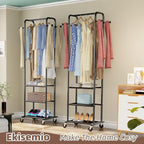 Heavy Duty Clothing Rack with Wheels, Modern Garment Rack with 3 Metal Shelves, Black