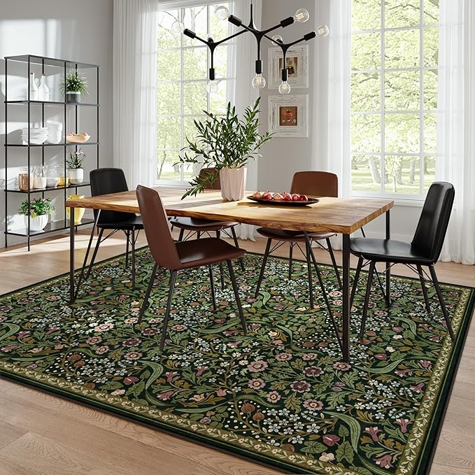Moynesa Floral Washable 8x10 Rug, Large Rugs for Living Room, Green Soft 8 x 10 Boho Bedroom Rugs, Non Slip Botanical Ultra Thin Floor Carpet for Dining Room Nursery, Green